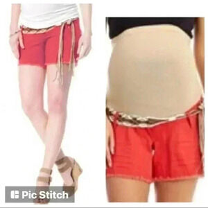 Wallflower Orange Coral Maternity Shorts Belted Cut Offs Full Panel 5” Inseam S